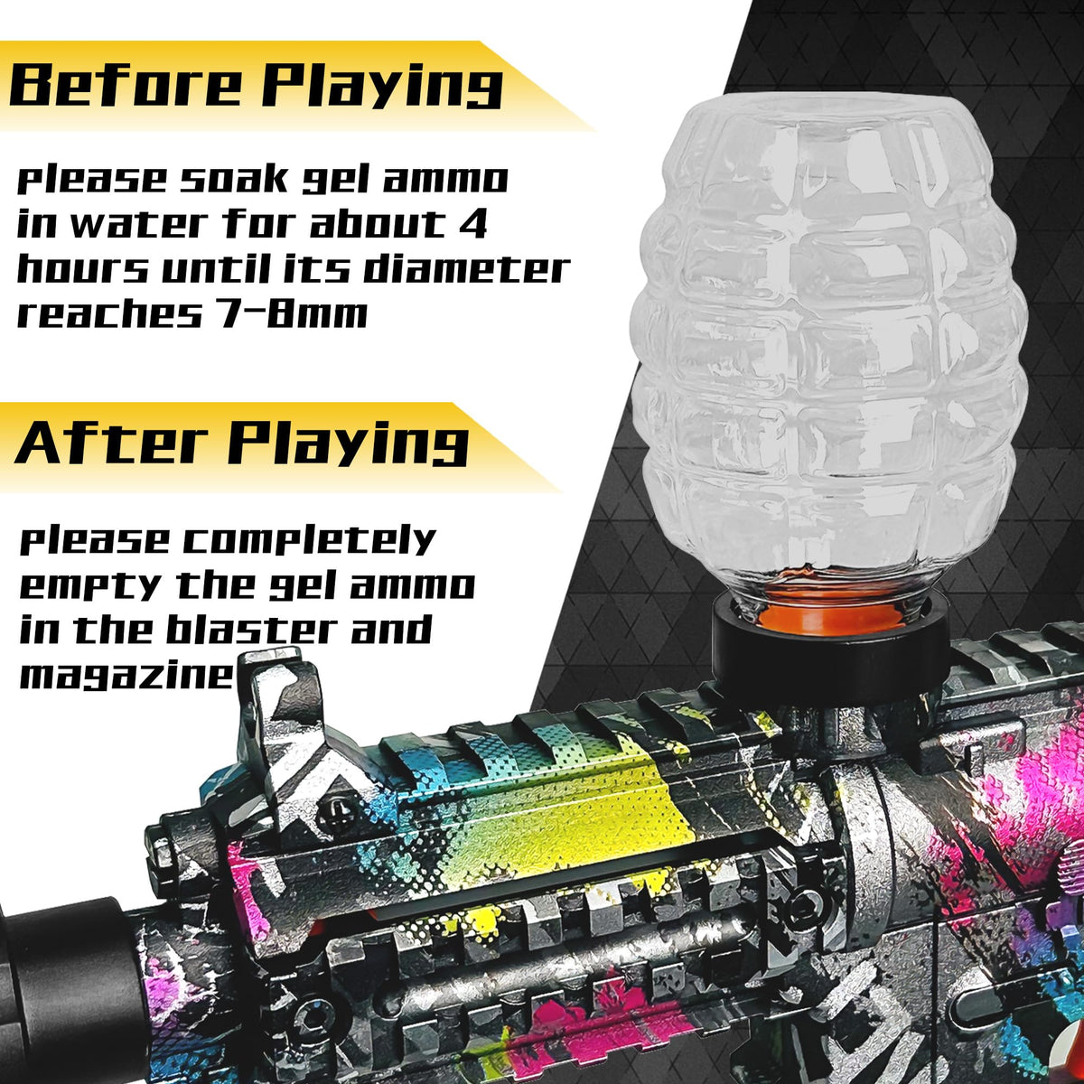AROBEF gel blaster features rechargeable 7.4V battery for quick recharging.