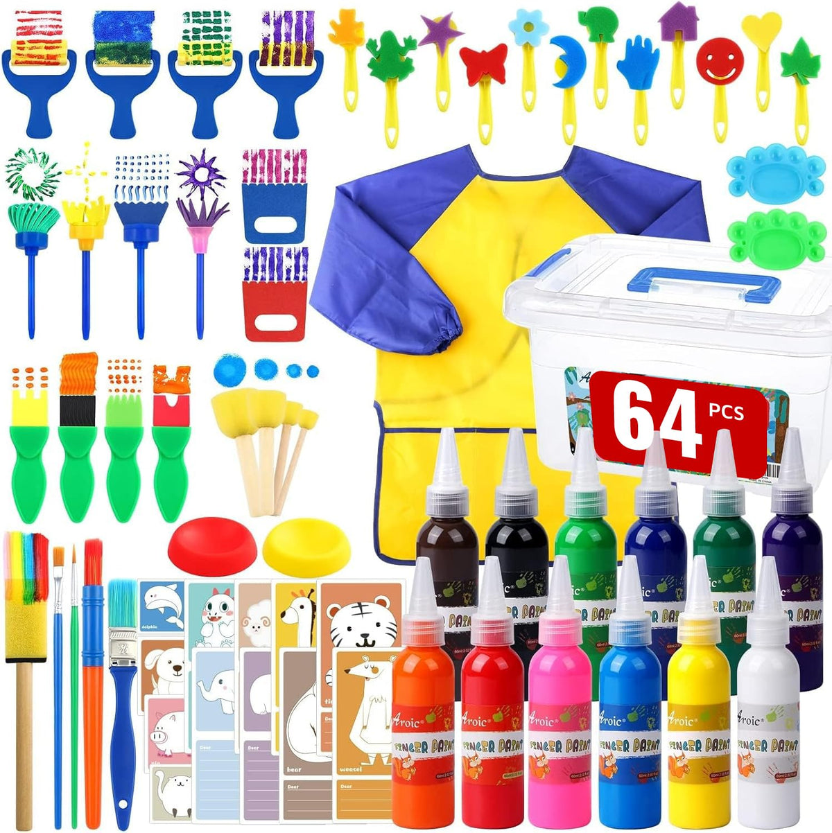 AROIC 64-pack washable paint set with 12 colors on display, ideal for family art sessions.