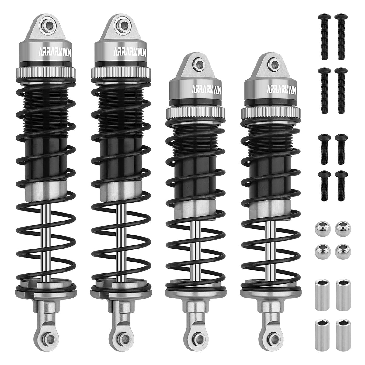 ARRAROWN 4-pack front shocks 112mm showing durable aluminum for smooth off-road damping.