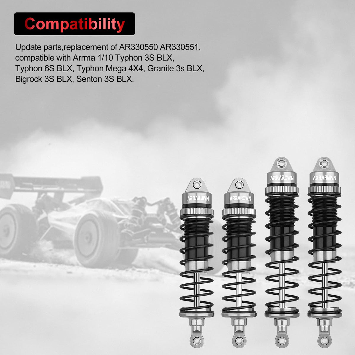 ARRAROWN rear shocks 126mm with adjustable ride height features.