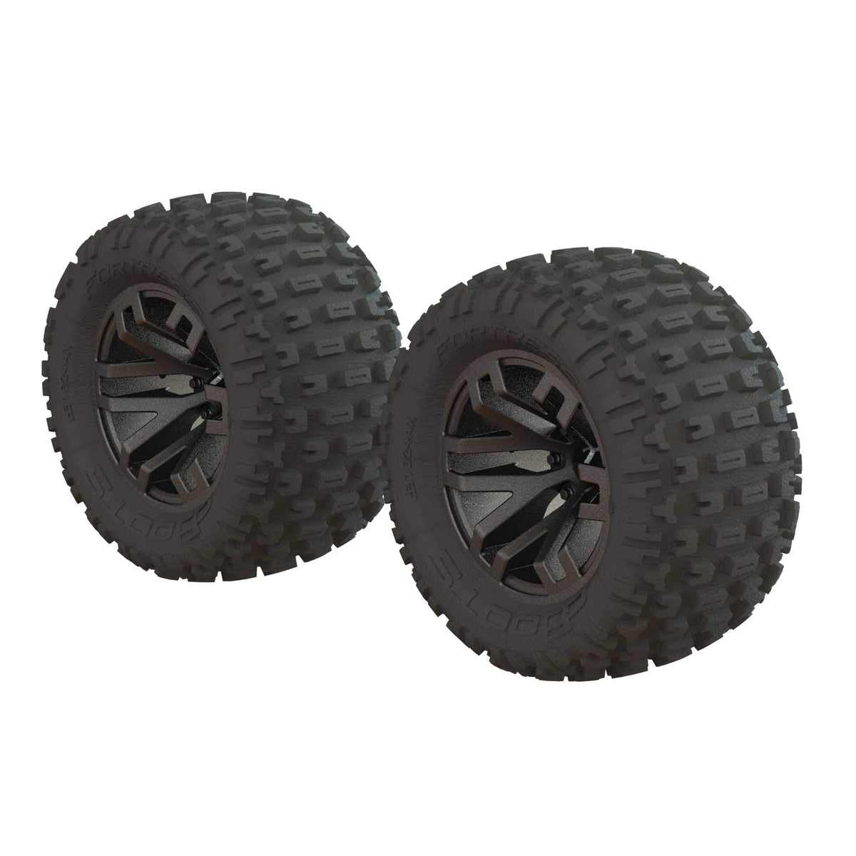 ARRMA DBoots Fortress MT tire set on gun metal wheels, ready for rugged off-road traction.