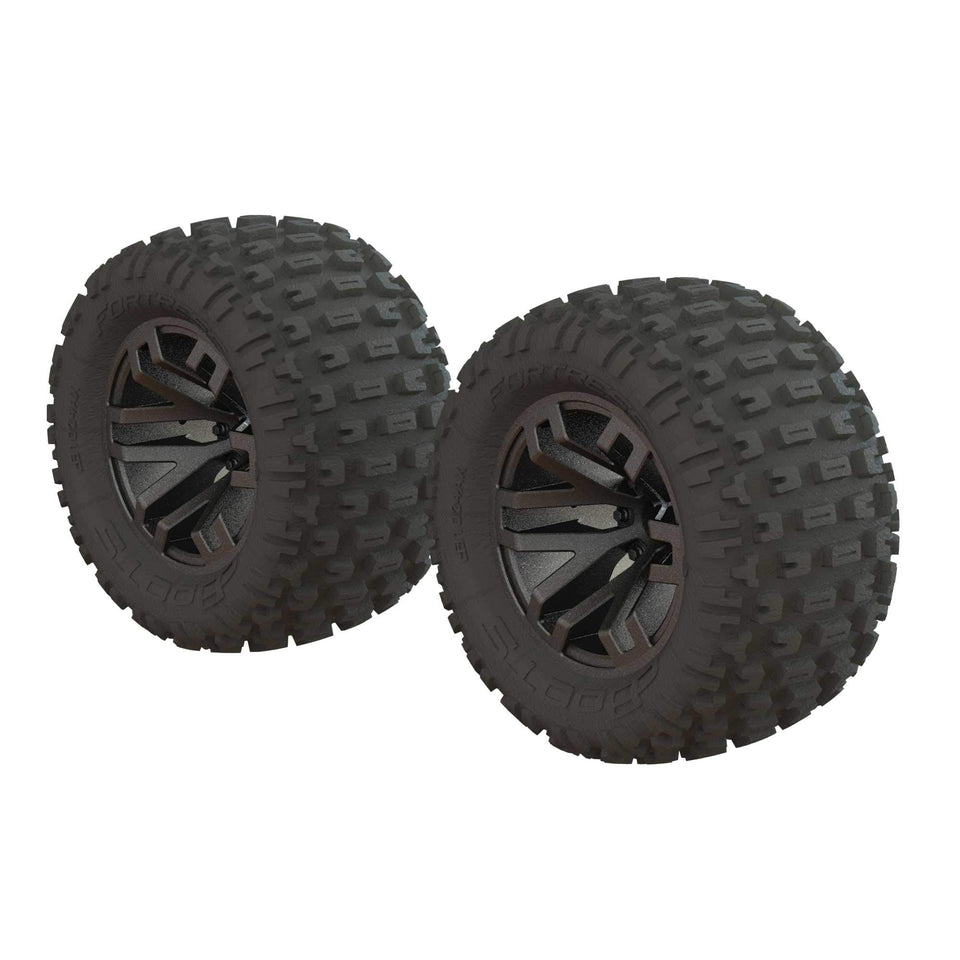 ARRMA DBoots Fortress MT tire set on gun metal wheels, ready for rugged off-road traction.