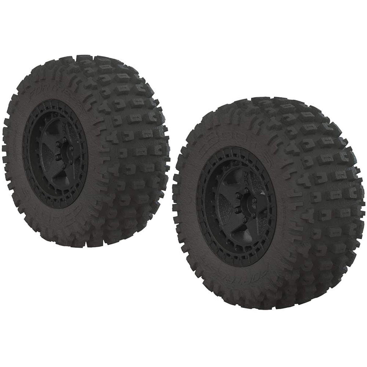 ARRMA dBoots Fortress SC tires on black wheels with 14mm hex for durable, easy servicing.