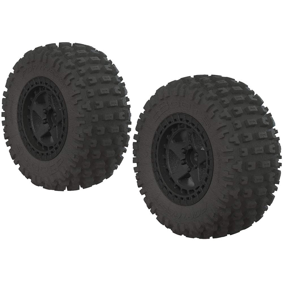 ARRMA dBoots Fortress SC tires on black wheels with 14mm hex for durable, easy servicing.