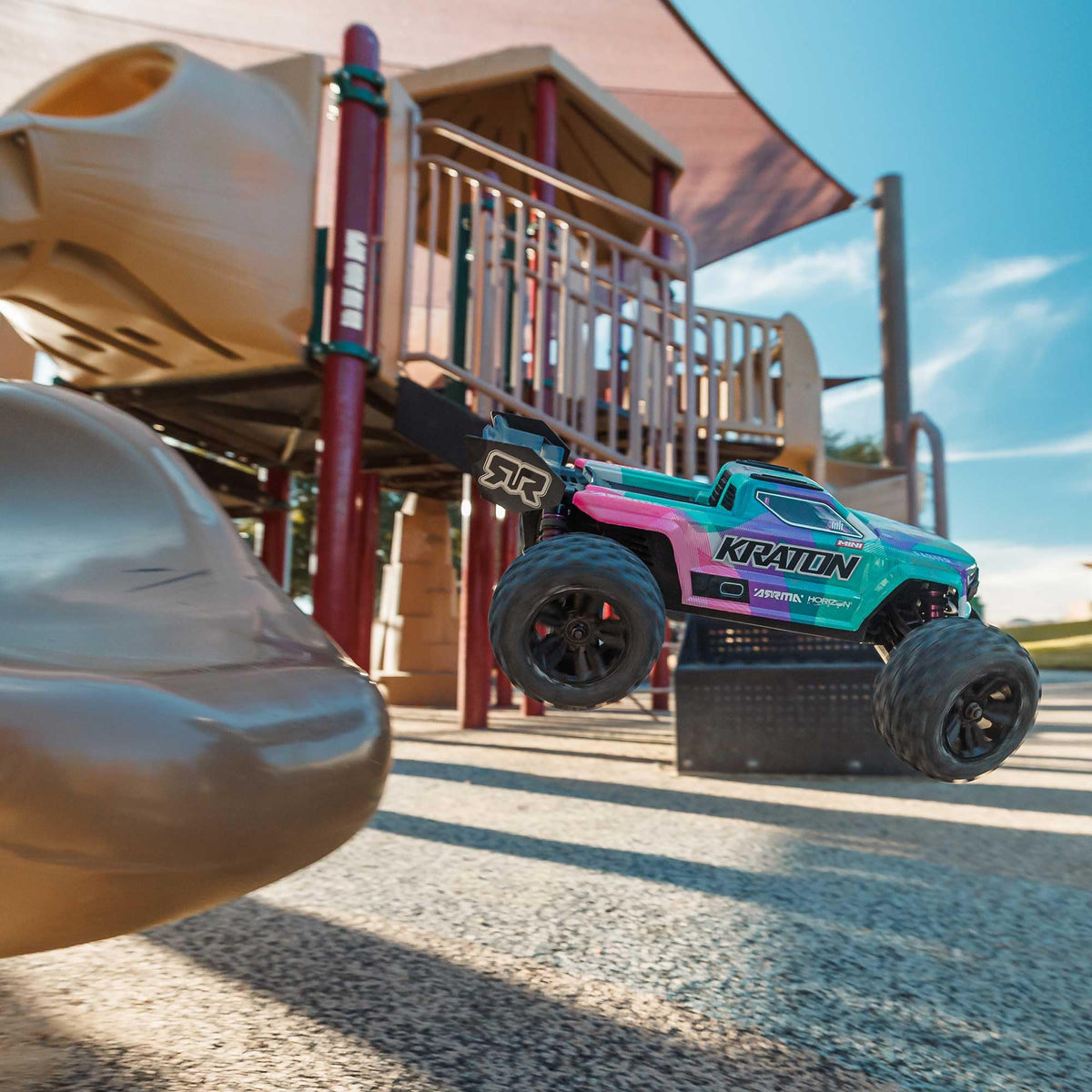ARRMA Mini Kraton PowerKey plug shown for easy mode selection during runs.