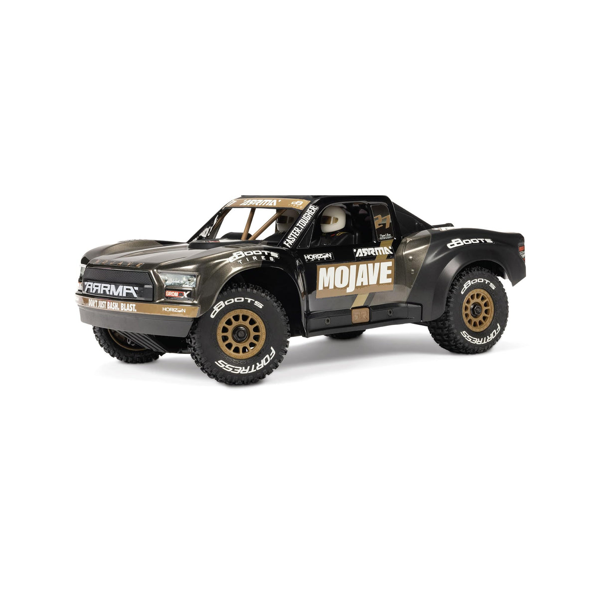 ARRMA Mojave GROM 4x4 front view, compact desert truck built for nimble off-road action.