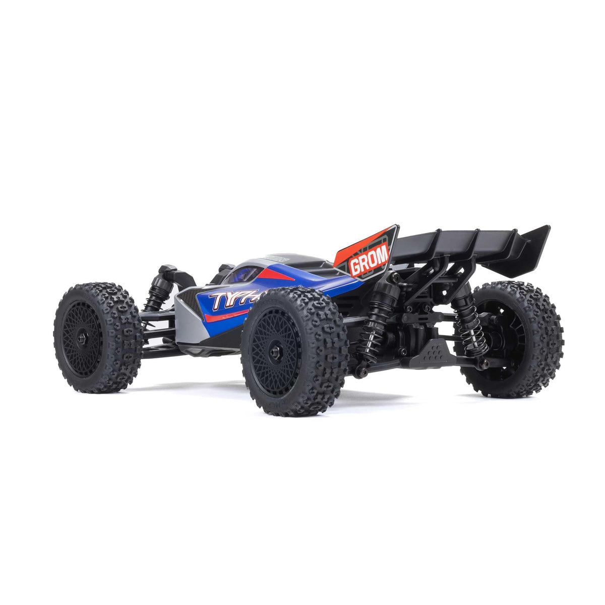 ARRMA Typhon GROM 4x4 blue-silver buggy styling evokes full-scale racing aesthetics.