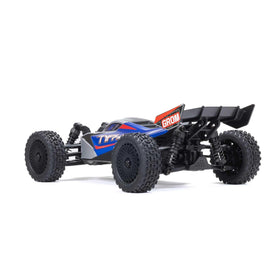 ARRMA Typhon GROM 4x4 blue-silver buggy styling evokes full-scale racing aesthetics.