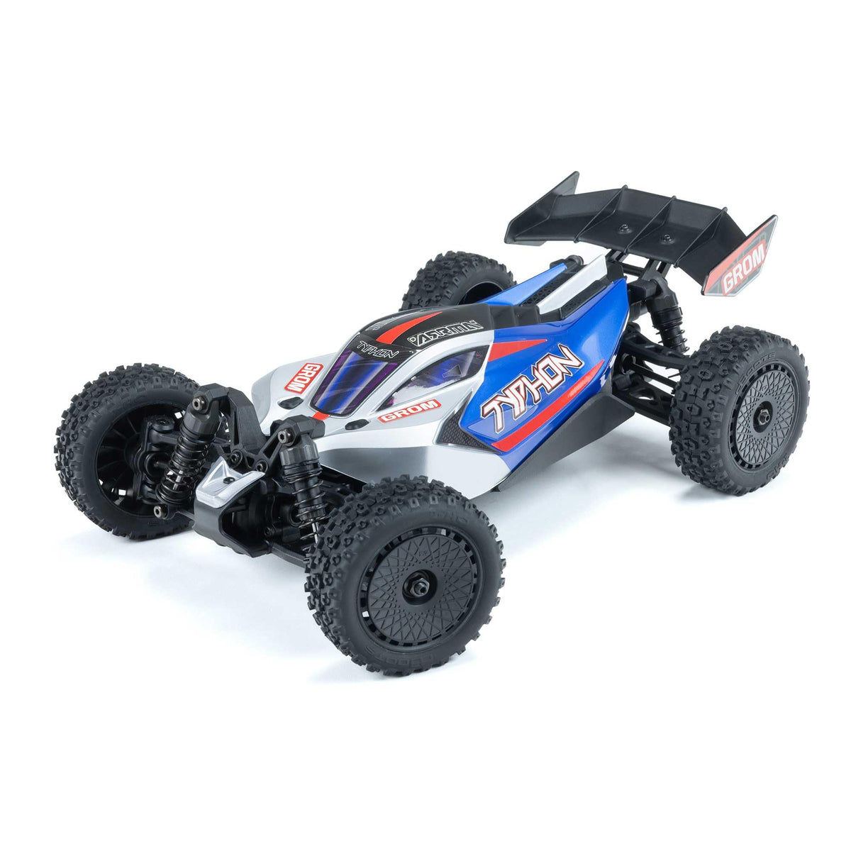 ARRMA Typhon GROM 4x4 blue-silver front view showcases bold styling and ready-for-action performance.