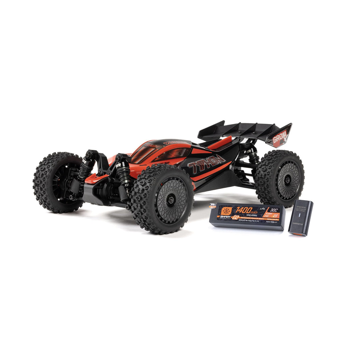 ARRMA Typhon GROM 4x4 charging setup with 2S LiPo battery and USB C charger