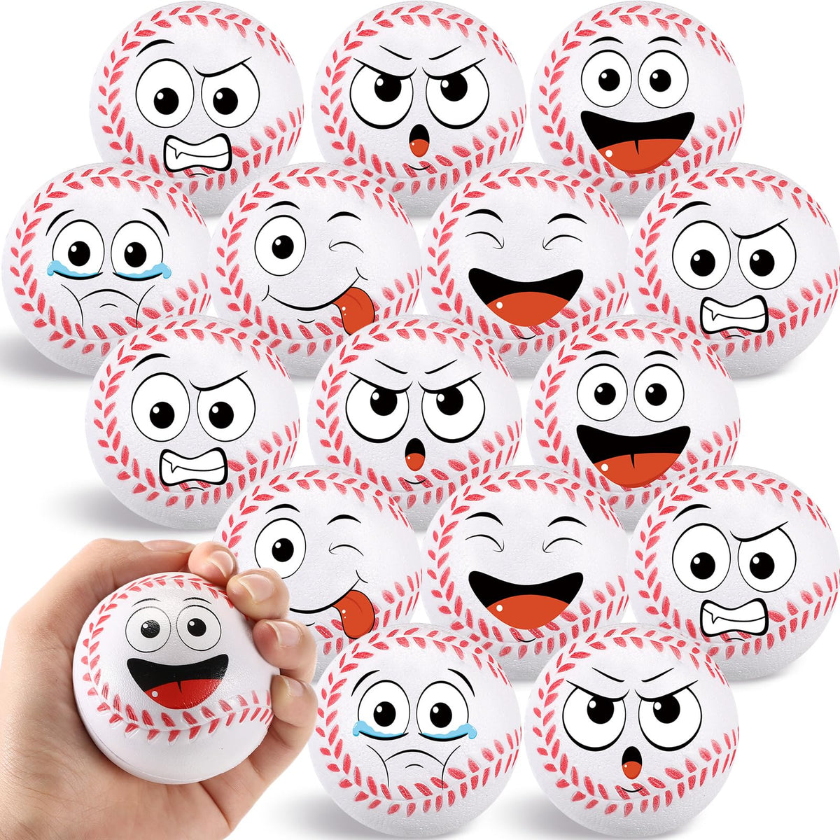 Arrowbash 24-pcs face baseball stress balls with six fun expressions for stress relief.