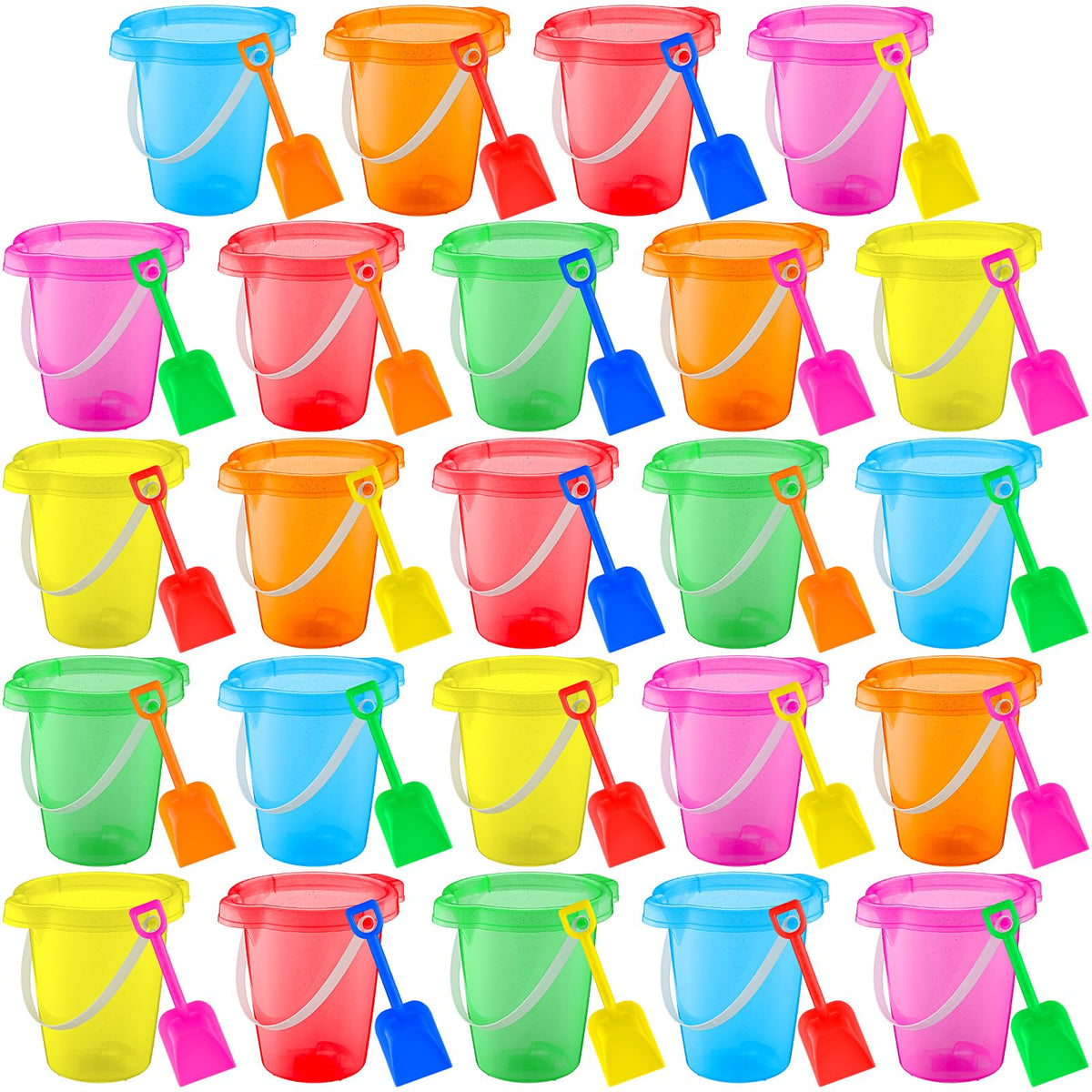 Arrowbash buckets 24-piece set close-up, durable plastic for kids beach play