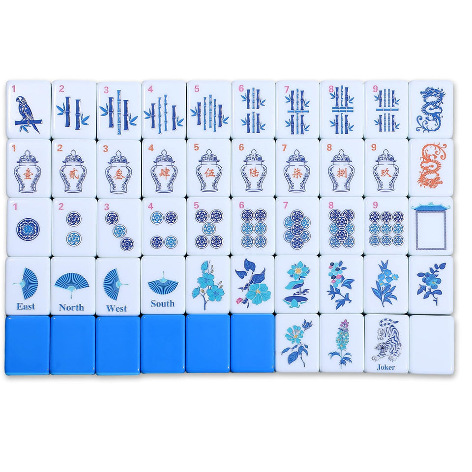 Arrowbash chinoiserie mahjong tiles set with blue backs for classic play.