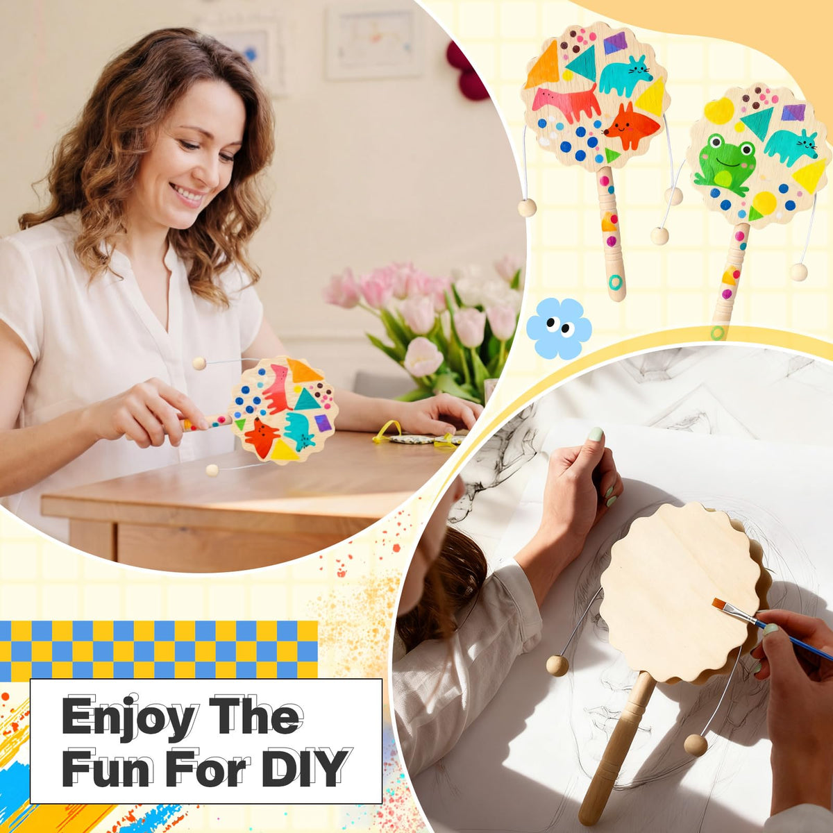Arrowbash contents: 24 rattles, 6 paint sets, and 12 brushes for creative coloring.