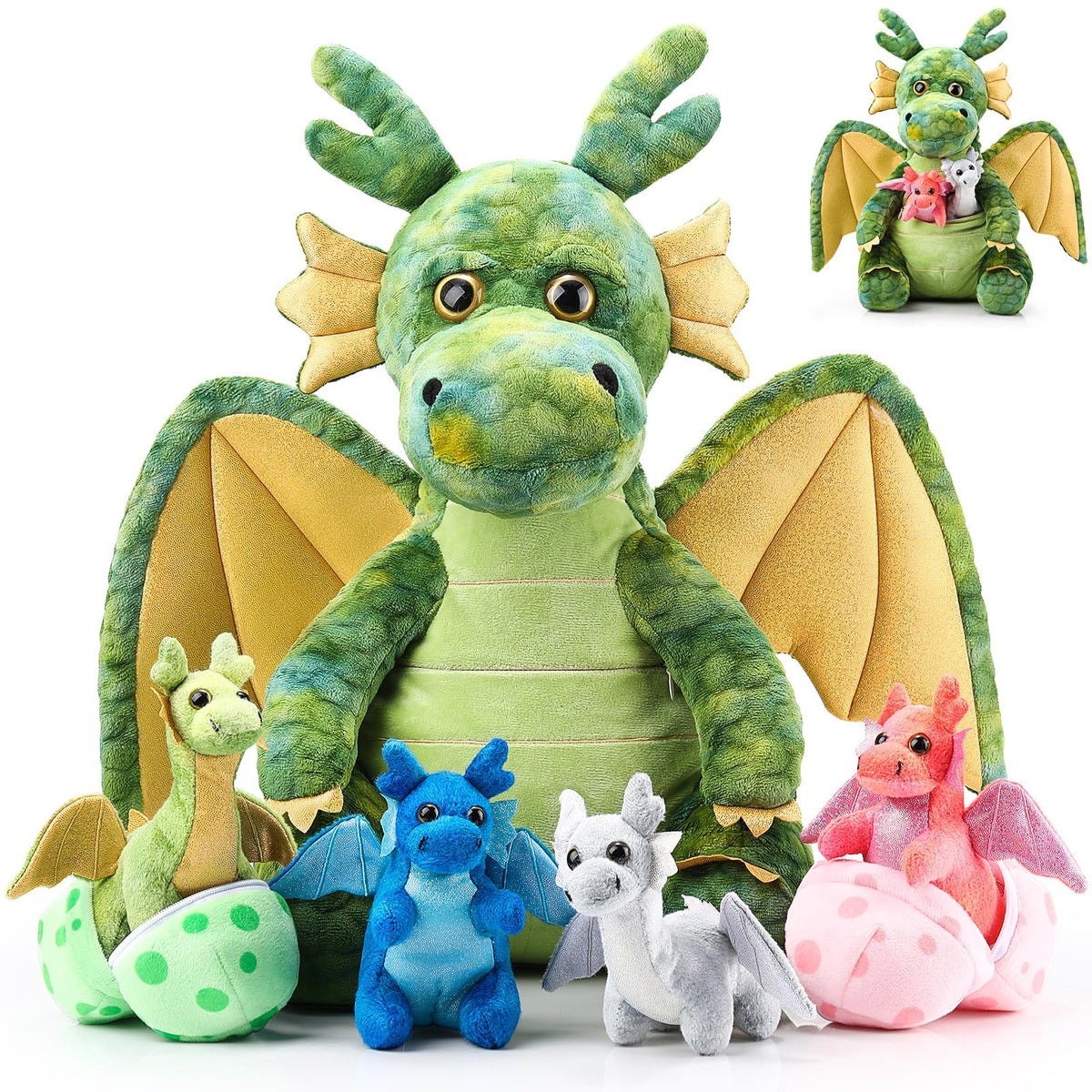 Arrowbash dragon mommy with babies and eggs, ideal for imaginative play.