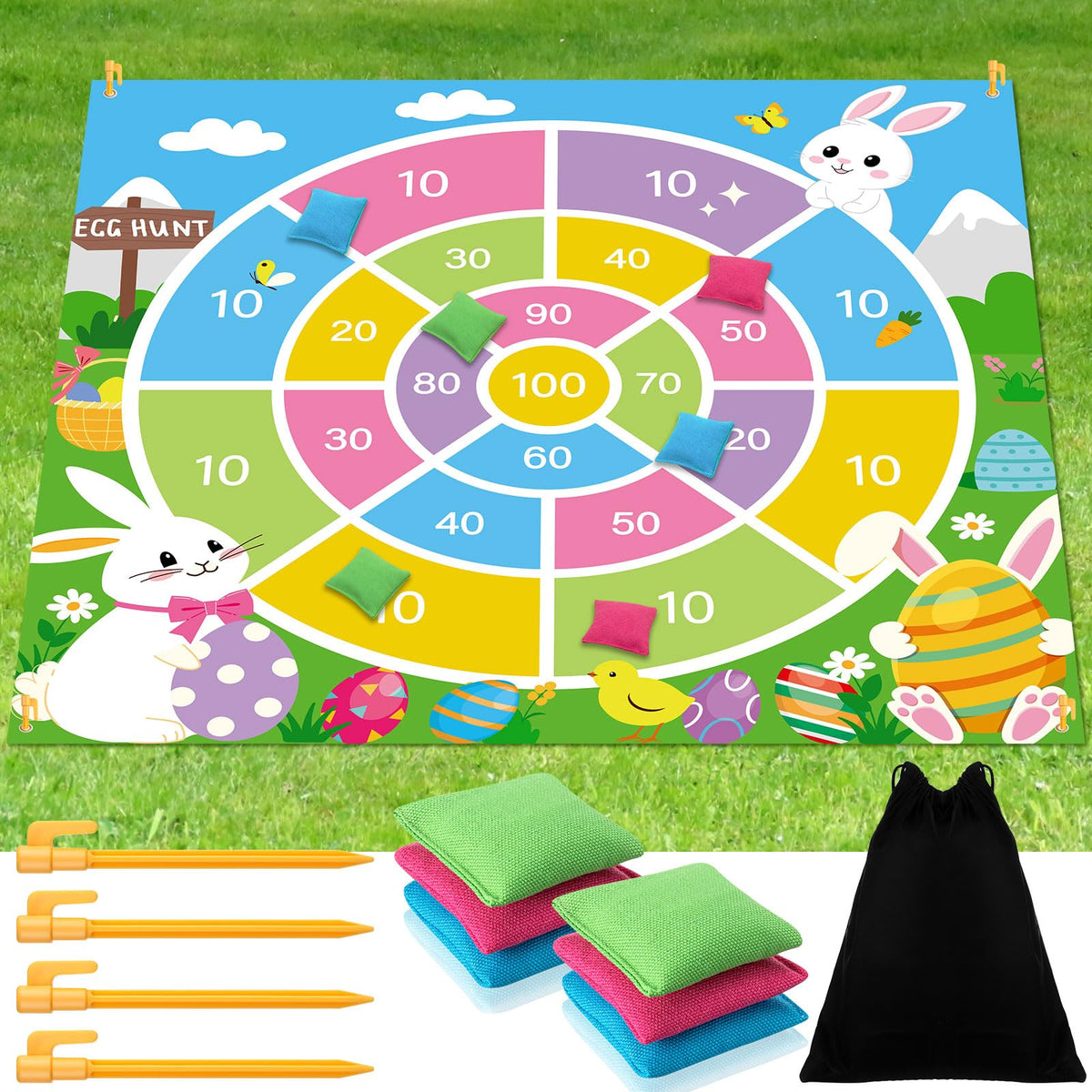 Arrowbash Easter bean bag toss mat laid out for outdoor family fun.