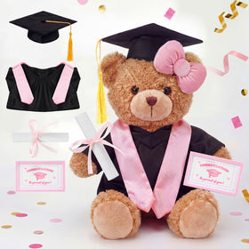 Arrowbash pink graduation cap with gold tassel for 8-inch stuffed animals; ideal for ceremonies and photos.