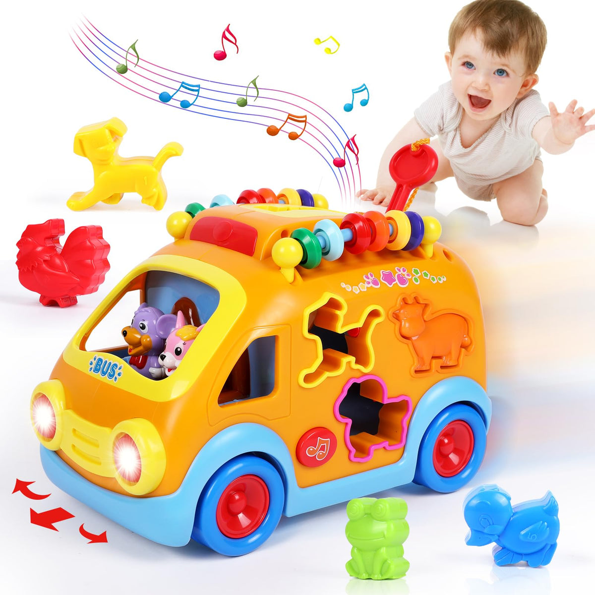 Arscniek toy bus with animal blocks promotes animal recognition and interactive play.