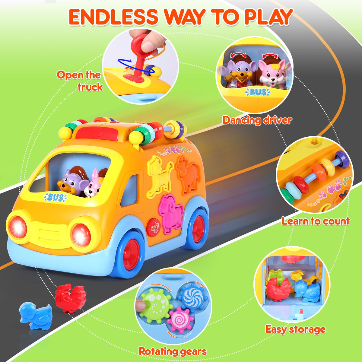 Arscniek toy bus with colorful beads supports grasping and fine motor play.
