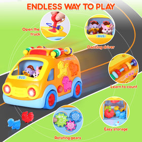 Arscniek toy bus with colorful beads supports grasping and fine motor play.