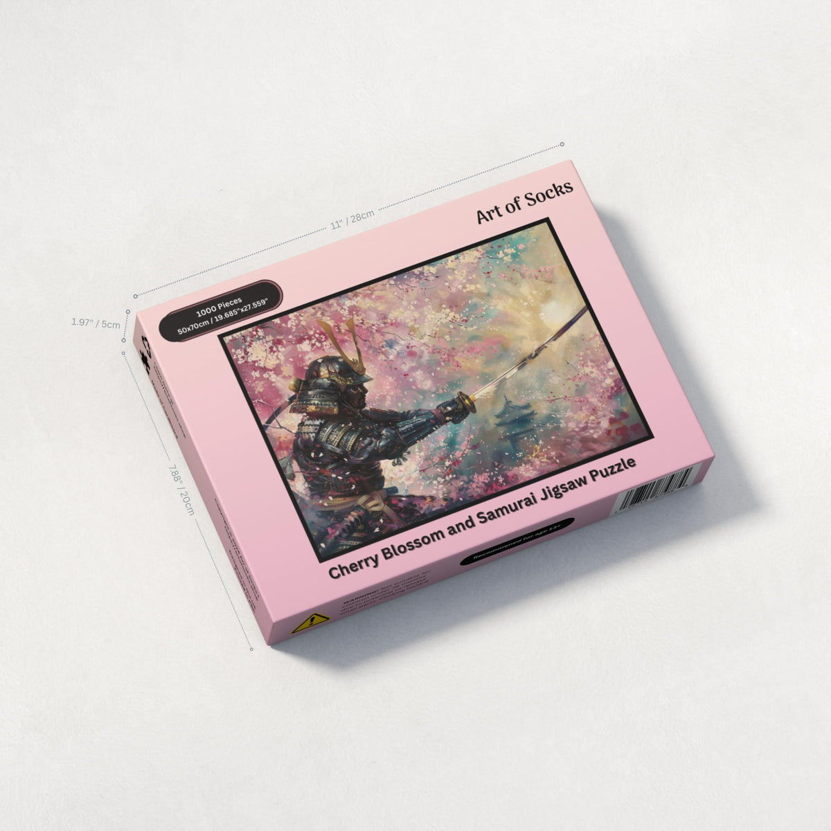 Art of Socks Cherry Blossom Samurai puzzle illustration with petals and swords