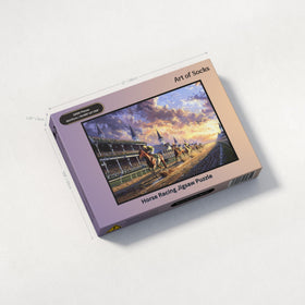 Art of Socks horse racing puzzle track background captures dynamic motion.