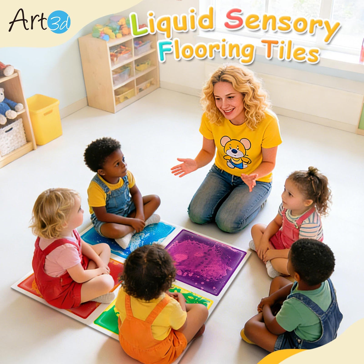 Art3d sensory floor tile close-up demonstrates spill-proof design for classroom use.