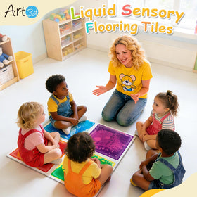Art3d sensory floor tile close-up demonstrates spill-proof design for classroom use.