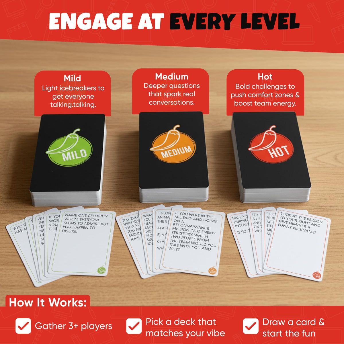 ARTAGIA Office Madness deck-front emphasizes three themed decks for scalable team activities.