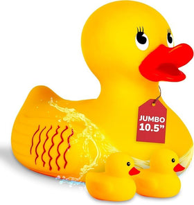 ArtCreativity 10-inch jumbo rubber duck for bath time play with bright yellow finish.