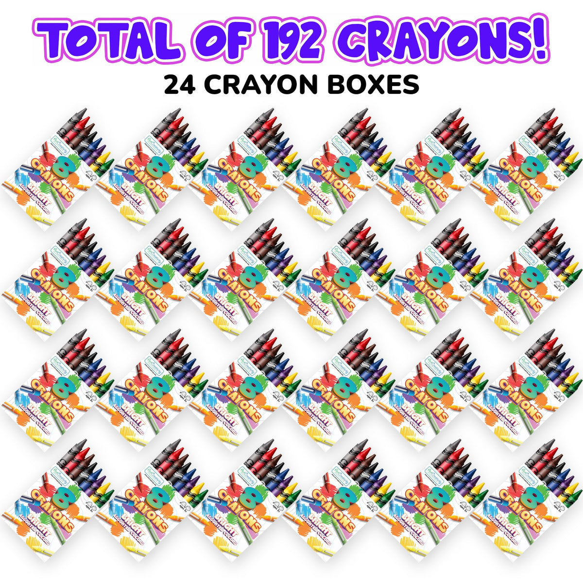ArtCreativity 24 packs of 8 crayons arranged neatly for party favors.