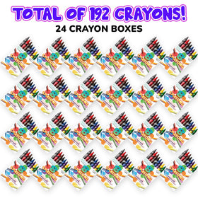 ArtCreativity 24 packs of 8 crayons arranged neatly for party favors.