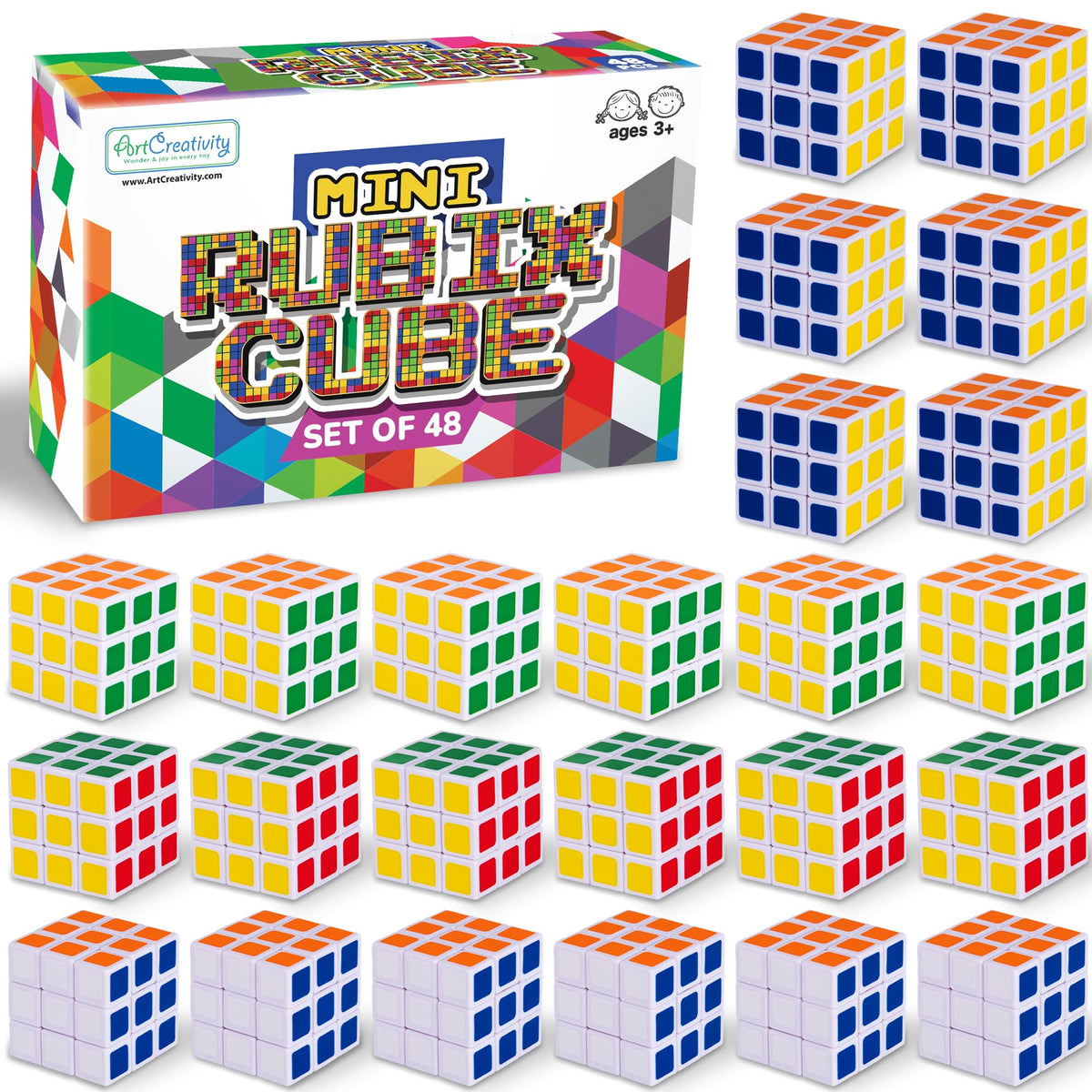 ArtCreativity 48-pack mini Rubik's cubes for portable fidget fun and quick focus.