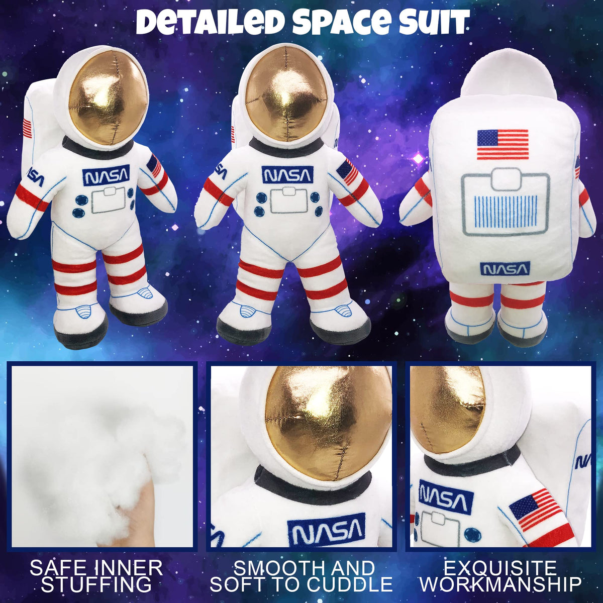 Detail-rich astronaut plush boosts space-themed room decor with authentic patches.