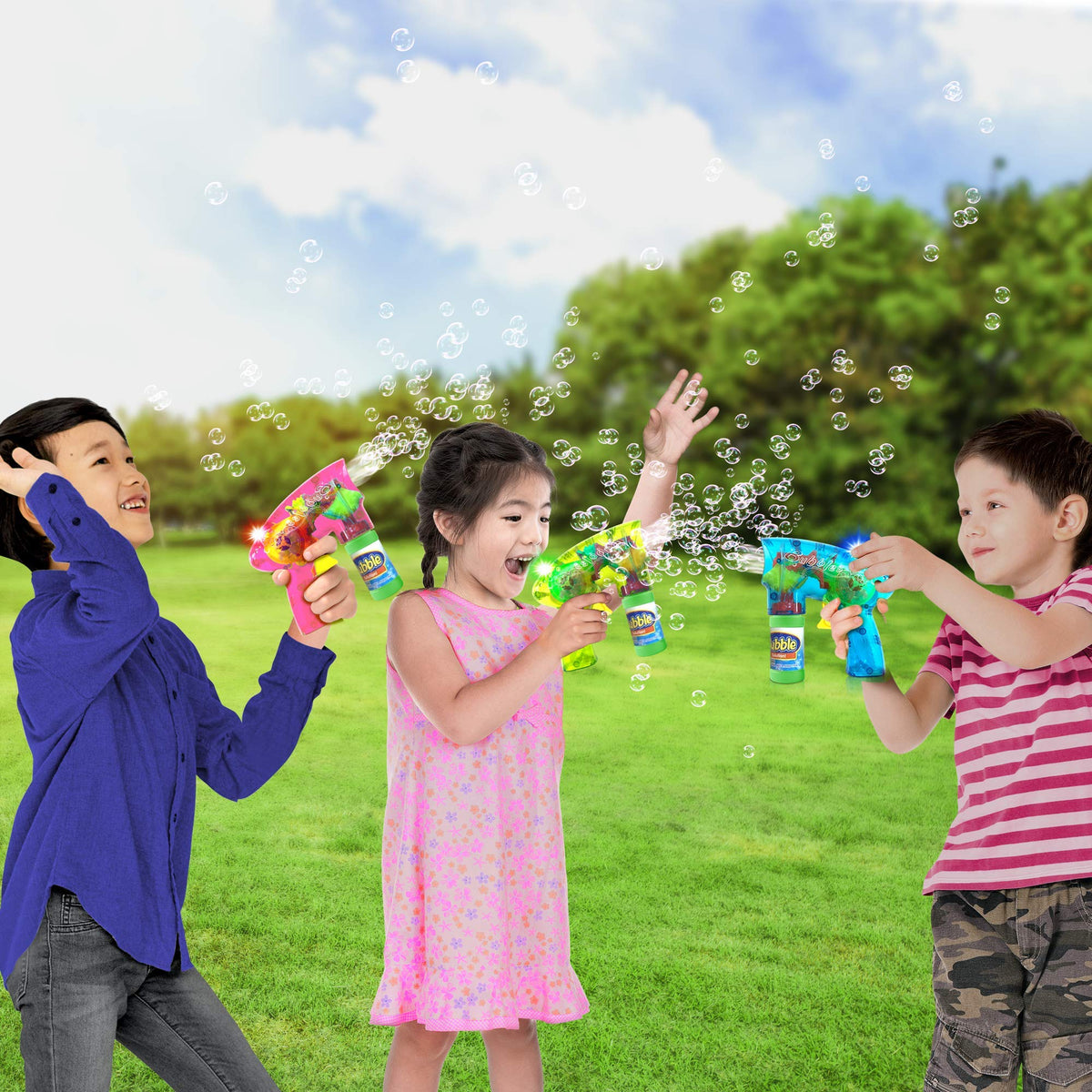 ArtCreativity three-pack bubble blasters deliver safe, colorful bubbles indoors or outdoors.