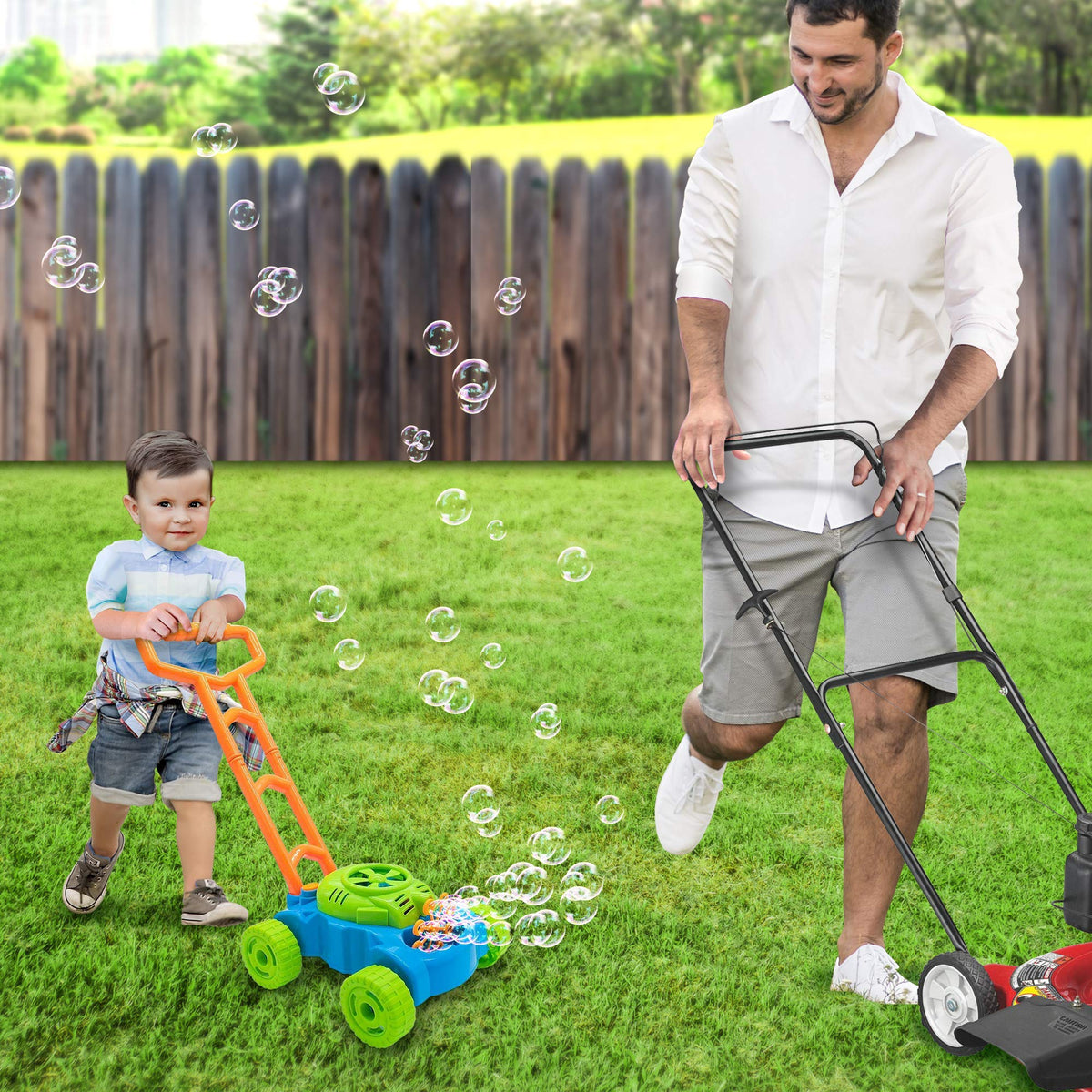 ArtCreativity bubble lawn mower runs on 3 AA batteries for bubbles.