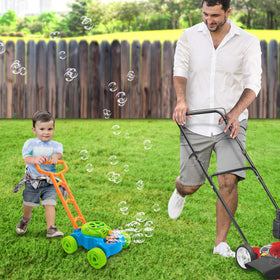 ArtCreativity bubble lawn mower runs on 3 AA batteries for bubbles.