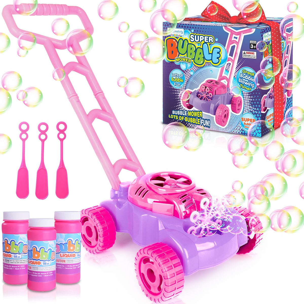 ArtCreativity Bubble Lawn Mower creating a colorful bubble blast during outdoor play