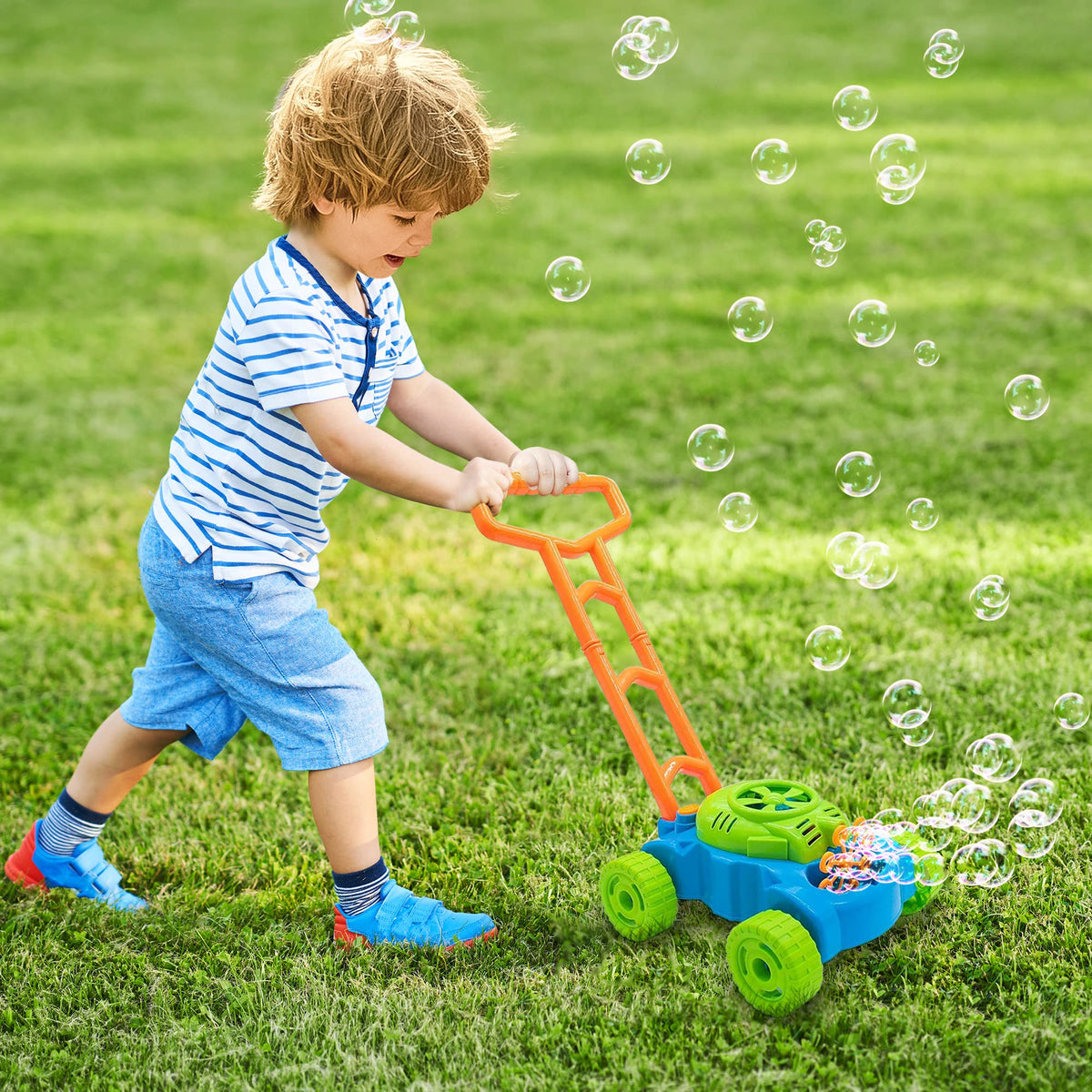 ArtCreativity bubble lawn mower encourages active outdoor play.