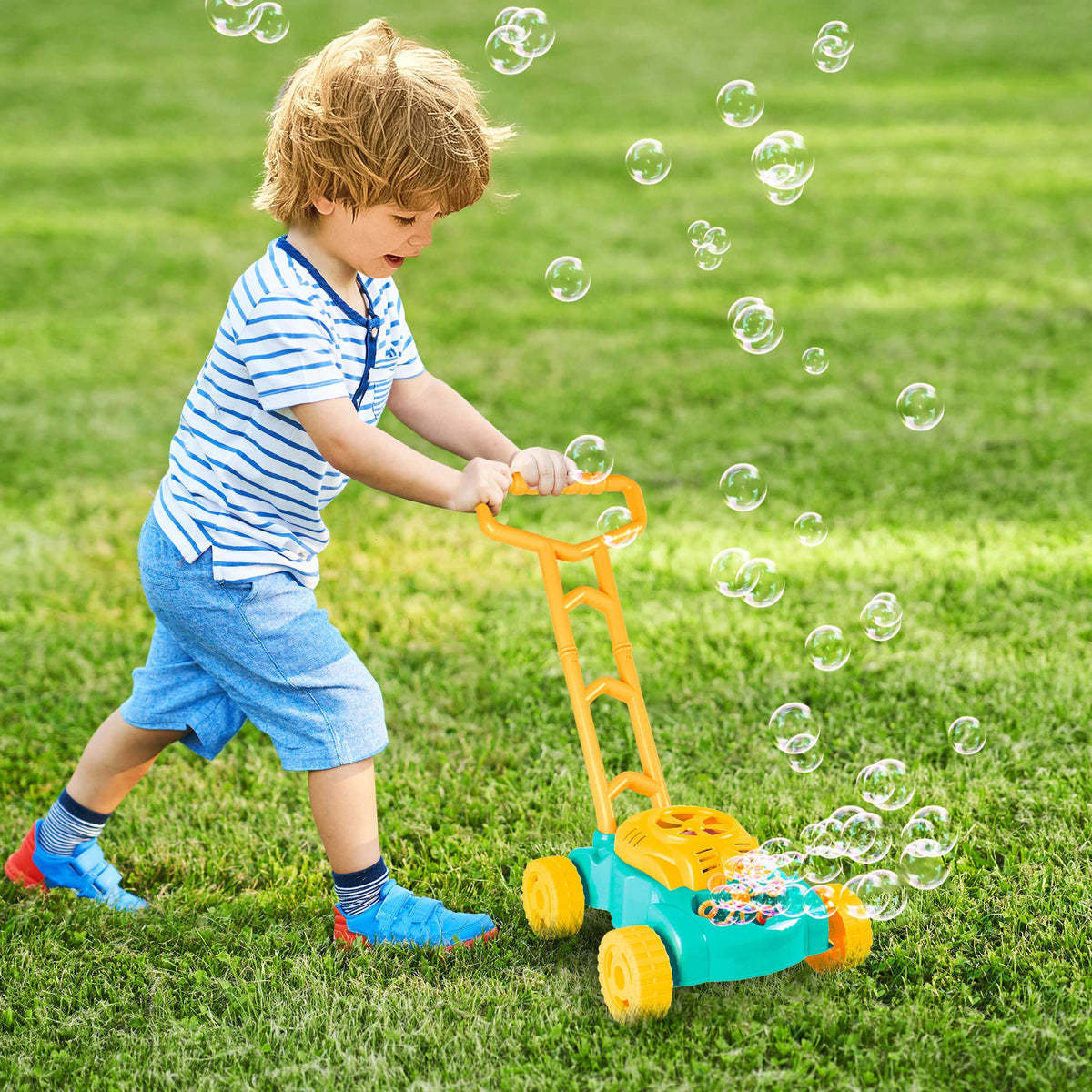 ArtCreativity Bubble Lawn Mower emits realistic sounds during pushing