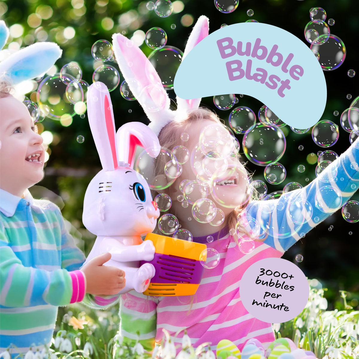 ArtCreativity Bunny Bubble Machine shows bubbles rising from the egg for magical play.