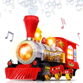 ArtCreativity Christmas Train bubble machine front view with lights.