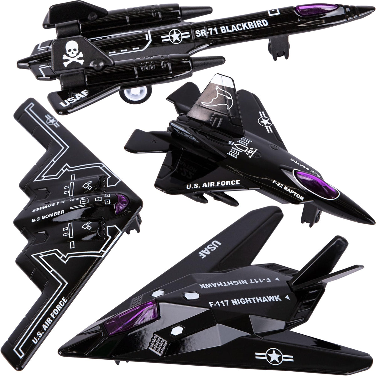 ArtCreativity diecast stealth bomber set with four jets for imaginative play.