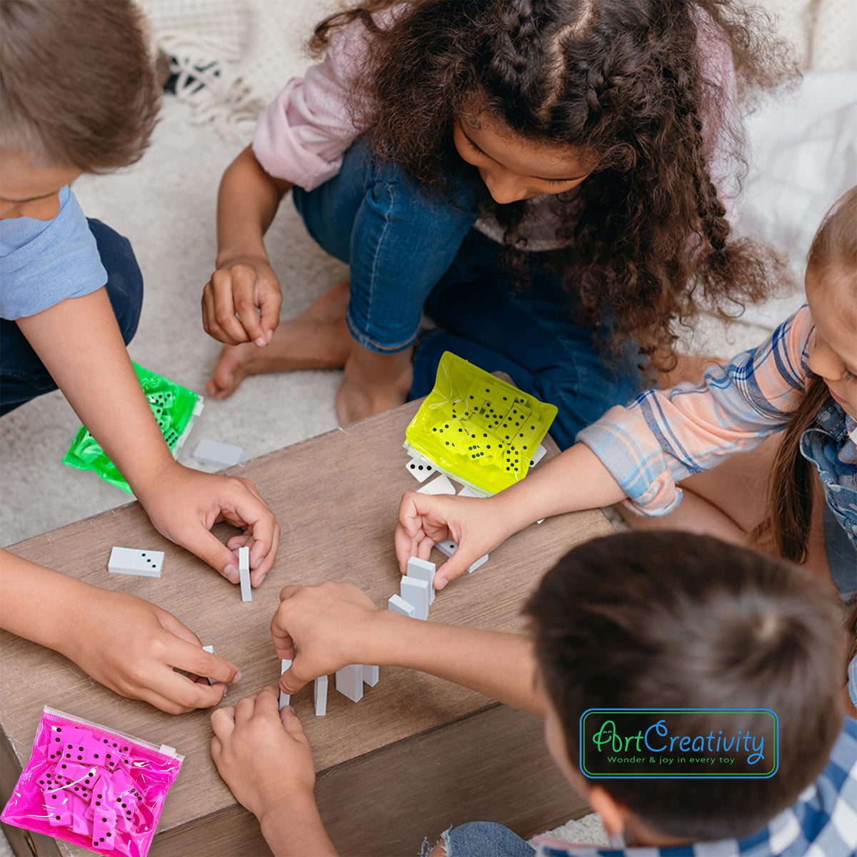 ArtCreativity domino set with yellow bag supports family game night and friendly competition.