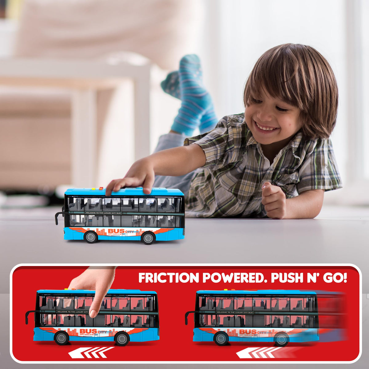 ArtCreativity double decker bus buttons trigger varied sounds for interactive play.