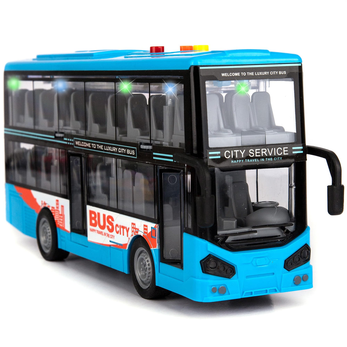 ArtCreativity double decker bus lights illuminate the interior for engaging play.
