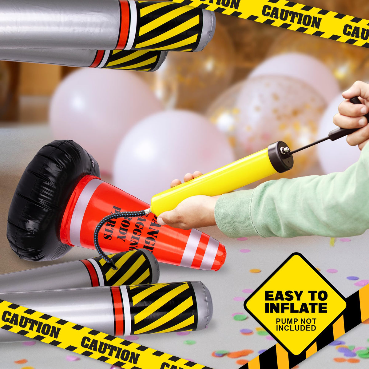 ArtCreativity inflatable decor set combines barricade and cone for over-the-hill themes.