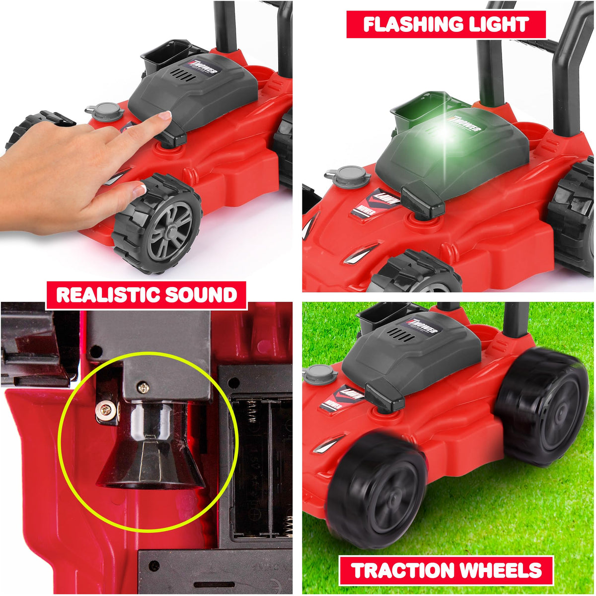 ArtCreativity lawn mower axle-under-wheels-sound enhances authentic pretend engine experience.
