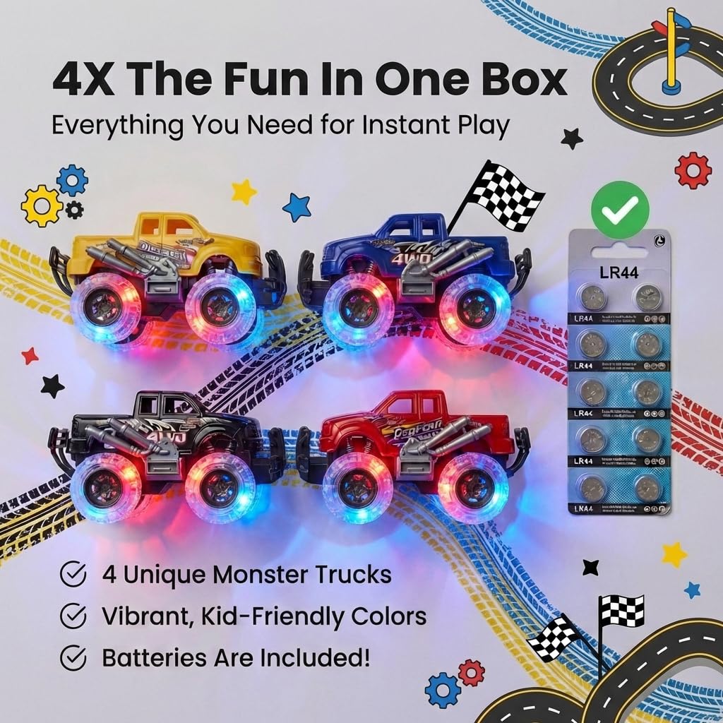 ArtCreativity LED wheels on monster trucks create a bright display during play.