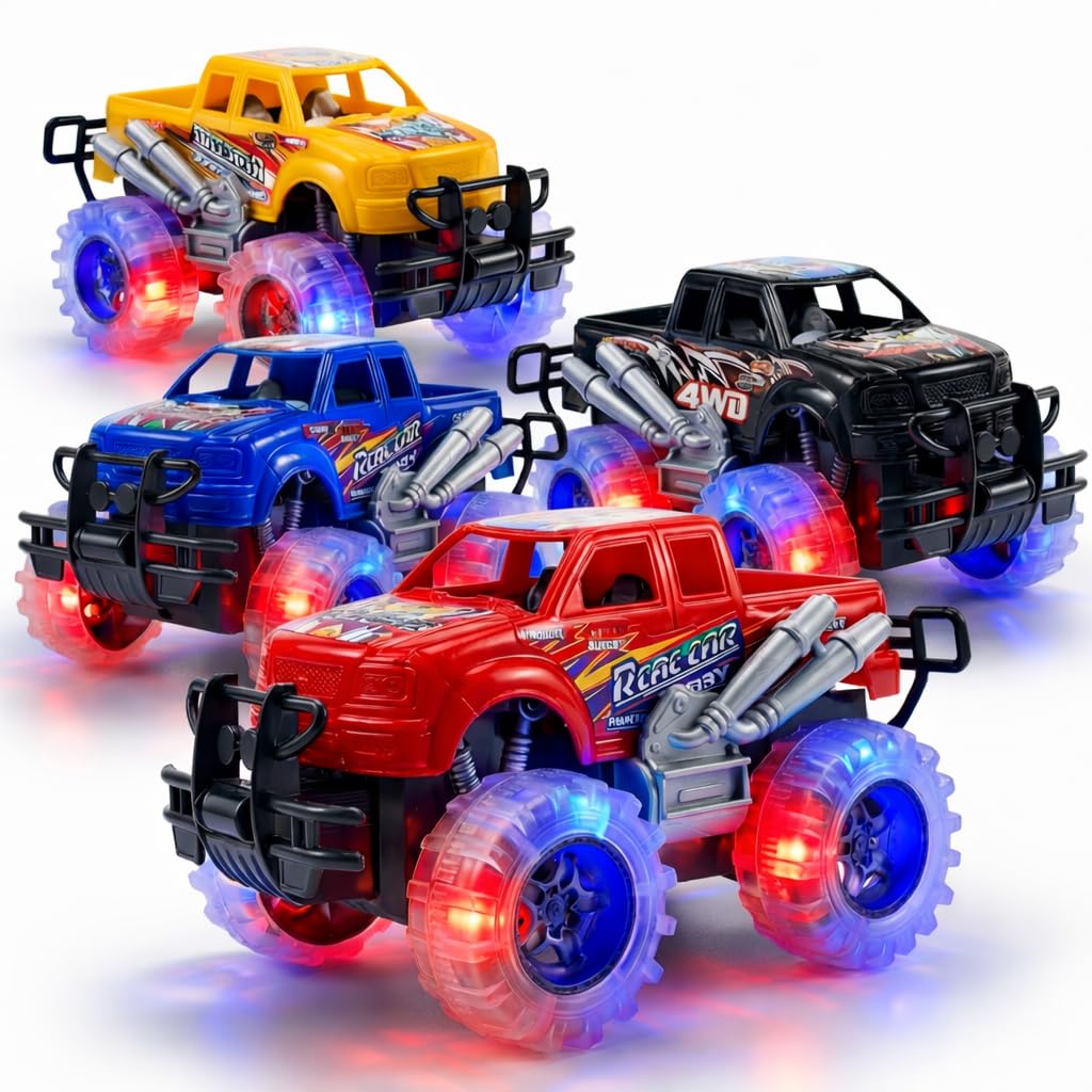 ArtCreativity light-up monster trucks with 4-pack illuminate playtime with bright wheels.